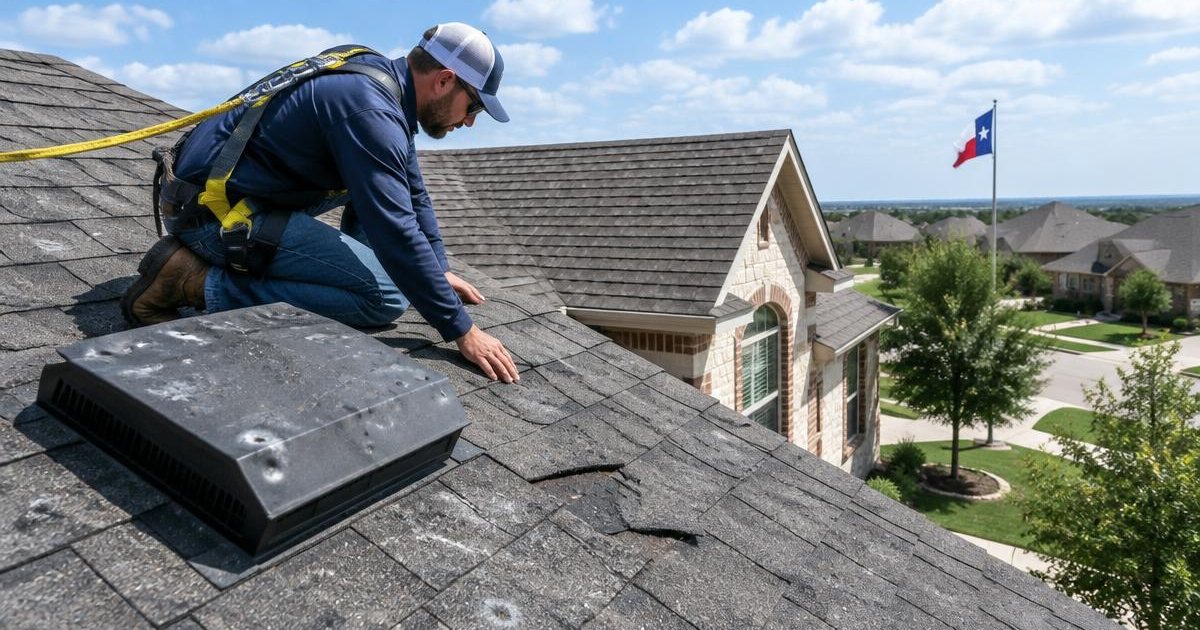 Roofing professional inspecting hail-damaged shingles and a dented roof vent